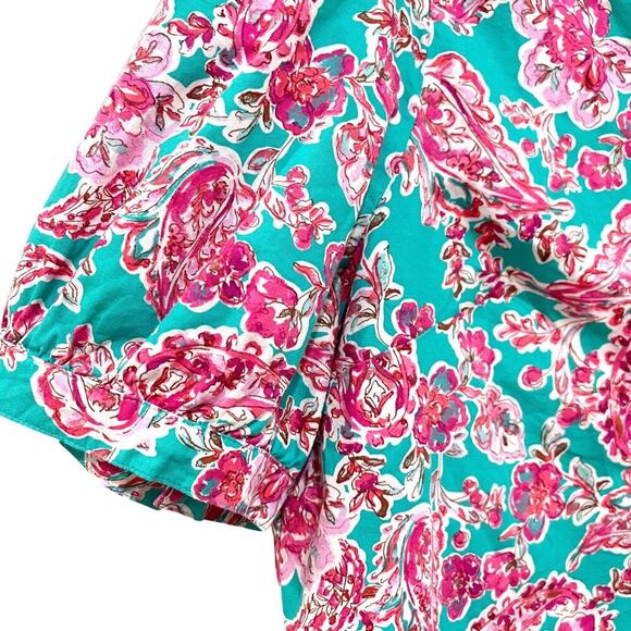 J Crew Factory Women’s SZ M Cotton Poplin Popover Top Puff Sleeve Green & Pink - Picture 4 of 8